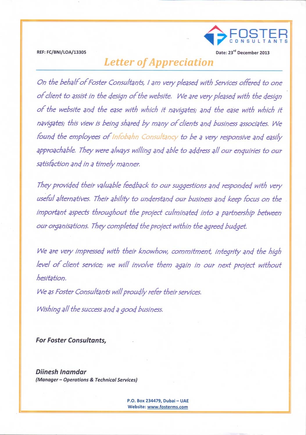 Valued Client testimonial | Infobahn Consultancy